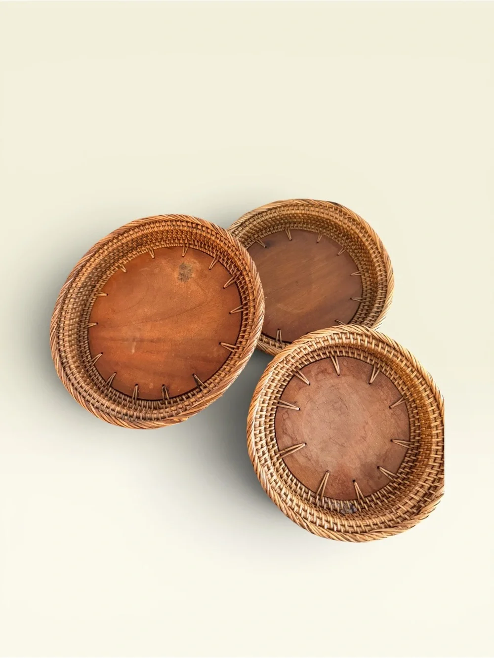 Vintage Boho Handwoven Rattan and Wood Nesting Trays Set of 3 - Unbranded